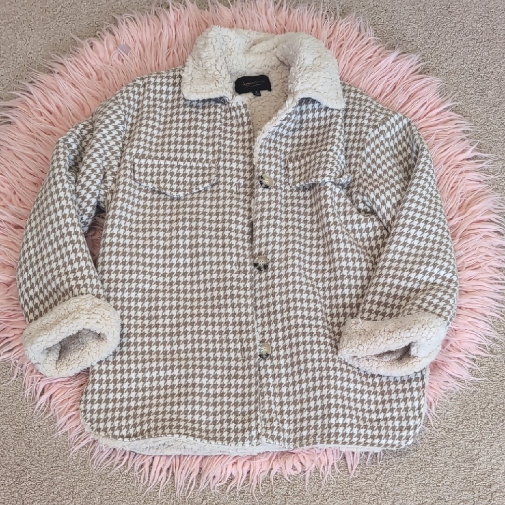 Sweet Rain Cream and Brown Houndstooth Teddy Jacket
